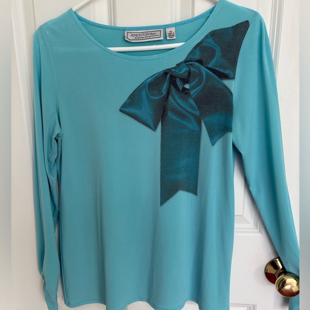 George Simonton Aqua Long Sleeve Top with Printed Bow